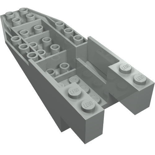 Light gray LEGO 6058 Cockpit 11x4x2 2/3 Inverted Slope brick with studs and an open rear section.