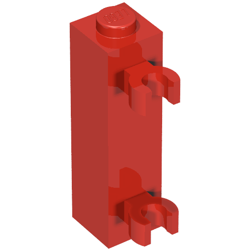 Red LEGO 60583a brick, 1x1x3 with two vertical clips for gripping, solid stud, on a white background.