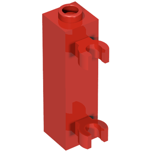 Red LEGO 1x1x3 modified brick with two vertical clips and a hollow stud on top.