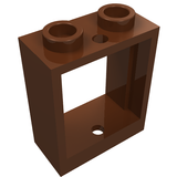 Brown LEGO 1x2x2 Flat Front window frame with two studs on top and an open frame featuring a single hole at the bottom.