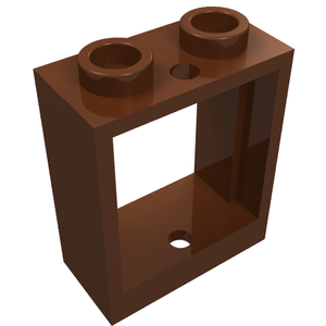 Brown LEGO 1x2x2 Flat Front window frame with two studs on top and an open frame featuring a single hole at the bottom.