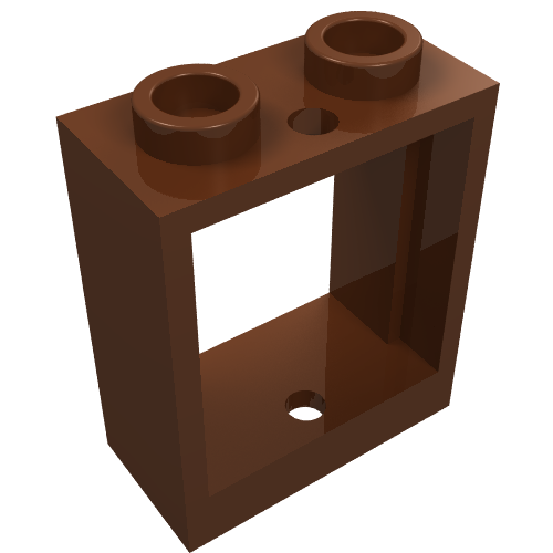 Brown LEGO 1x2x2 Flat Front window frame with two studs on top and an open frame featuring a single hole at the bottom.
