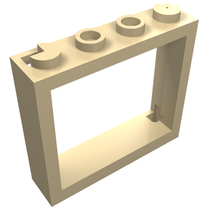 Tan LEGO 60594 Window 1x4x3 No Shutter Tabs frame with four top studs (one partial, one hollow) and a bottom clip slot.