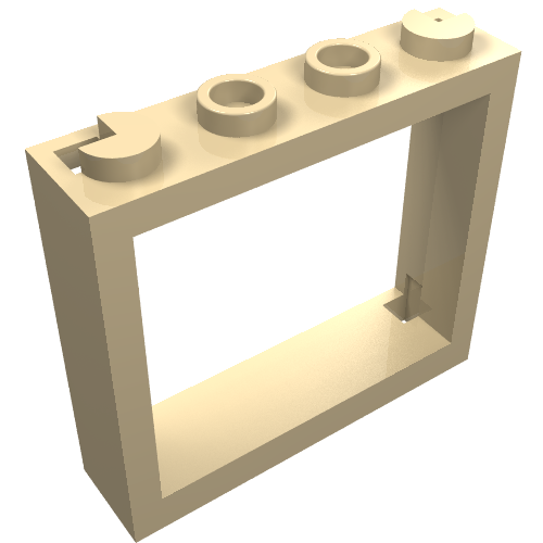 Tan LEGO 60594 Window 1x4x3 No Shutter Tabs frame with four top studs (one partial, one hollow) and a bottom clip slot.