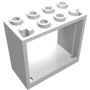 White LEGO 60598 Window 2 x 4 x 3 part with hollow studs, viewed from an angle showing the open frame.
