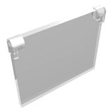 LEGO 60603 transparent 1x4x3 window glass panel, viewed at an angle, with two top corner white hinge clips.