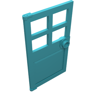 Teal LEGO Door 1 x 4 x 6 with 4 panes in the upper section, a stud handle on the right, and hinge connections on the left.