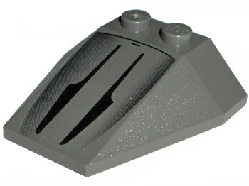 Grey LEGO Wedge 4x4 Triple part with a black flared lines pattern printed on its sloped surface.