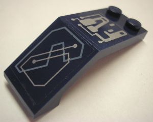 Dark blue LEGO 5x2x1 2/3 windscreen slope with silver computer pattern, left side, from Set 7703