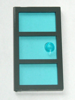 LEGO 60797pb01 dark gray door, 1x4x6, with three trans-light blue glass panes and a matching stud handle.