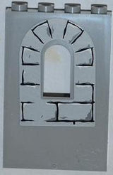LEGO 1x4x5 light grey panel with arched window cutout, featuring outlined bricks, black mortar, and highlight pattern.