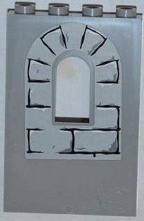 LEGO 1x4x5 light grey panel with arched window cutout, featuring outlined bricks, black mortar, and highlight pattern.