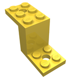 Yellow LEGO Bracket 5x2x2 1/3 with 2 holes, angled view showing studs on top and bottom plates.