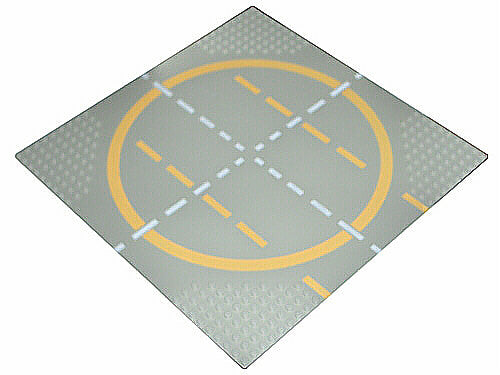 LEGO 6099pb01 32x32 grey landing pad baseplate with yellow circle, white 1-way lines & yellow lines not touching circle.