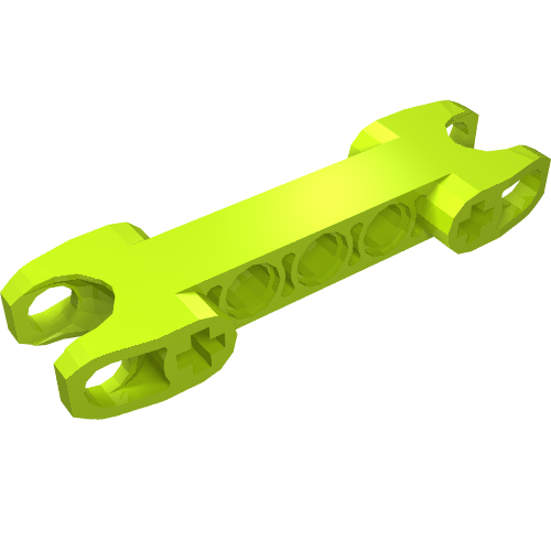 Lime green LEGO Technic Axle and Pin Connector 2x7 with two ball joint sockets and squared ends, showing closed axle holes.