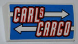 LEGO 61068pb006 slope piece, curved 2x4x2/3, with a blue background, white and red 'CARLS CARGO' text, and two white arrows.