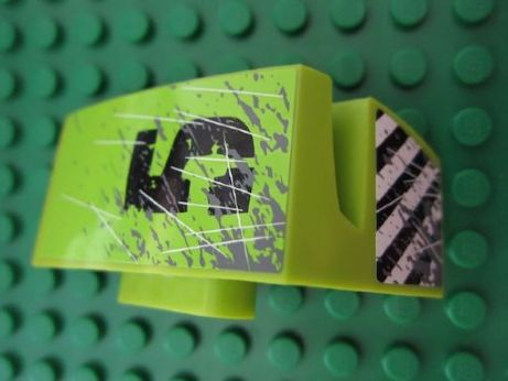 Lime green LEGO Technic mudguard panel, left side, with black number 5, scratch details, and black/white danger stripes.