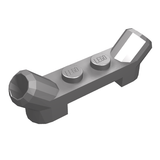 Gray LEGO Plate, Modified 1 x 4 with angled tubes. Features two studs and a flat angled end.