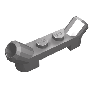 Gray LEGO Plate, Modified 1 x 4 with angled tubes. Features two studs and a flat angled end.