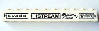 White LEGO 1x10 brick with black 'Hevado', 'XSTREAM', 'Super Fast', and 'NUTY REZ' pattern.
