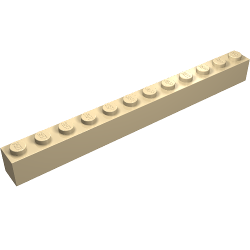 A single tan LEGO 6112 Brick 1x12, a rectangular building block with twelve studs on top, on a white background.