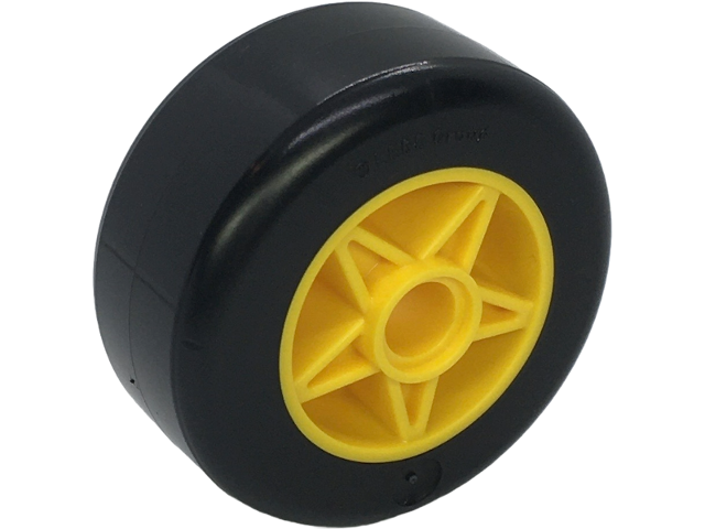 Close-up of a black LEGO wheel 30 x 15 with a yellow 5-spoke hub and pin hole, featuring a molded hard plastic tire.