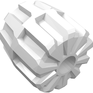 White LEGO 6118 hard plastic wheel, small, with textured tread and central axle hole, angled view.