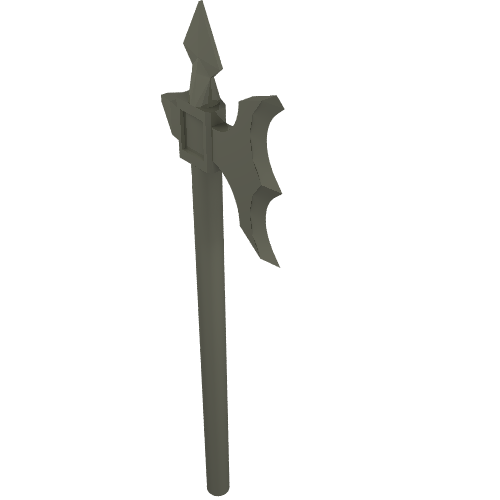 Gray LEGO minifigure weapon, an elaborate halberd with a pointed spear, an axe blade, and a square collar.