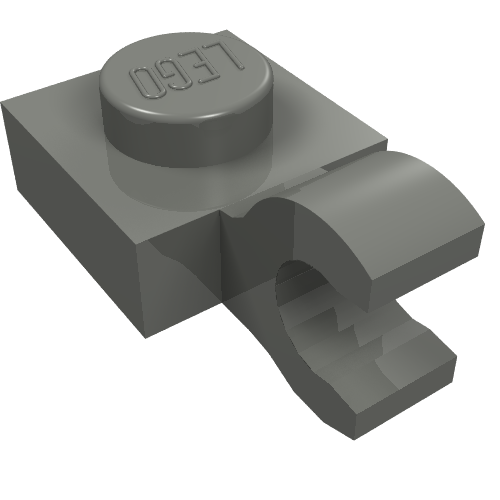 Dark gray LEGO Plate, Modified 1 x 1 with Open O Clip (Horizontal Grip), featuring a single stud with 'LEGO' text.