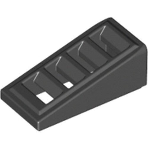 Dark grey LEGO Slope 18 2 x 1 x 2/3 with Grille. A wedge-shaped brick with four recessed rectangular grille slots.