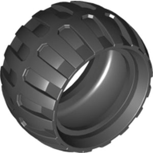 Dark gray LEGO tire 43.2mm D. x 26mm with a blocky, angular tread pattern, viewed from an angle.