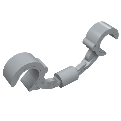 Light gray LEGO minifigure handcuffs (part 61482) with two curved cuffs and a short, articulated chain connection.