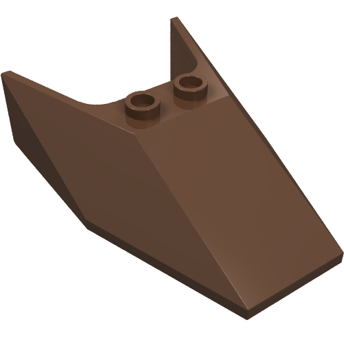 Brown LEGO part 6152a, a 6x4x1 1/3 windscreen with bottom tabs and hollow studs.