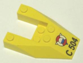 Yellow LEGO Wedge 6 x 4 Cutout piece with a white, red, and blue lifebuoy graphic and 'C 504' text printed on it.