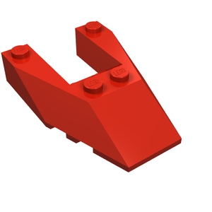 Red LEGO 6153b Wedge 6 x 4 Cutout with Stud Notches, angled view, showing four studs on top.