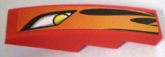 Red LEGO 61678pb011R curved 4x1 slope with yellow eye headlight and black flames on orange.