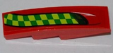 LEGO red curved 4x1 slope with lime and dark green checkered stripe pattern, tapering to a fin design.