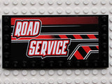 Black LEGO 6x12 tile with a sticker featuring white 'ROAD SERVICE' text and red and black stripes pattern.