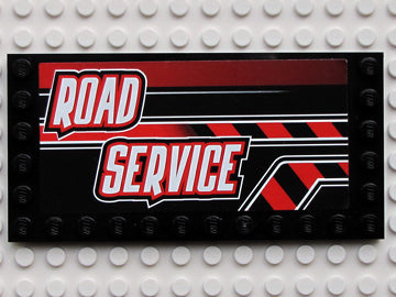 Black LEGO 6x12 tile with a sticker featuring white 'ROAD SERVICE' text and red and black stripes pattern.