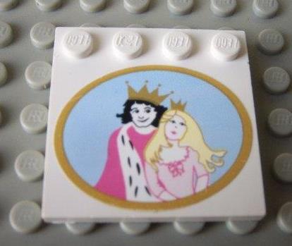 A white LEGO 4x4 modified tile with a sticker depicting a crowned prince and princess in a gold oval frame.
