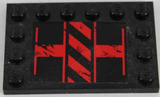 Black LEGO Tile, Modified 4x6 with studs on edges, featuring a distressed black and red danger stripes pattern.