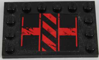 Black LEGO Tile, Modified 4x6 with studs on edges, featuring a distressed black and red danger stripes pattern.