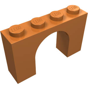 An orange LEGO Arch 1x4x2 brick, featuring four studs on top, each embossed with the LEGO logo, set against a white background.