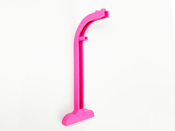 Bright pink LEGO Belville swing stand part (6200) on a white background, featuring a curved top with connector, vertical support, and base.