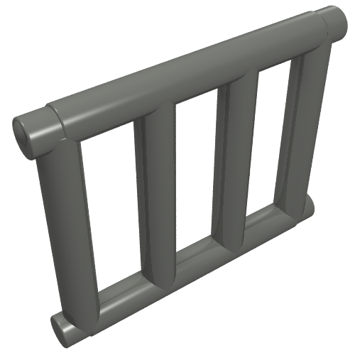 Dark gray LEGO Bar 1 x 4 x 3 Grille with End Protrusions, featuring four vertical and two horizontal bars.