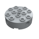 Light gray round LEGO 4x4 brick with 12 top studs, 4 side pin holes, and a center star-shaped axle hole.
