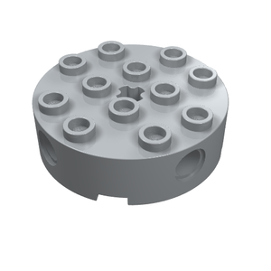 Light gray round LEGO 4x4 brick with 12 top studs, 4 side pin holes, and a center star-shaped axle hole.