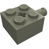 Grey LEGO 6232 brick, Modified 2 x 2 with Pin and Axle Hole, showing top studs, central axle hole, and side pin.