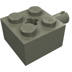 Grey LEGO 6232 brick, Modified 2 x 2 with Pin and Axle Hole, showing top studs, central axle hole, and side pin.