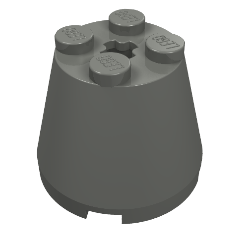 A grey LEGO cone 3 x 3 x 2 part, featuring four studs on top, a star-shaped central hole, and a flared base.